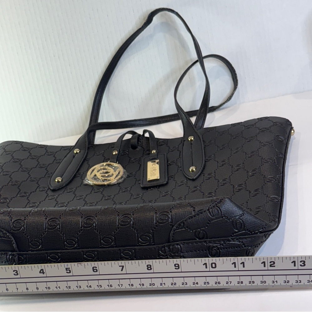 Bebe Embossed Black Logo Tote – Gold Charm & Saffiano Finish Chic - Picture 7 of 16